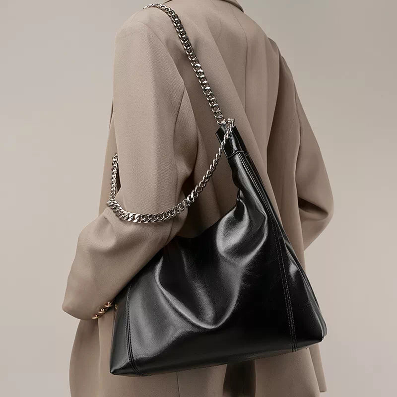 Leather Shoulder Hobo Bag With Chain Stap